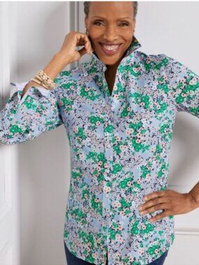 NEW Talbots No-Iron Sz 10 (M) Blouse Shirt Long Sleeve Blue/Pink/Green Floral